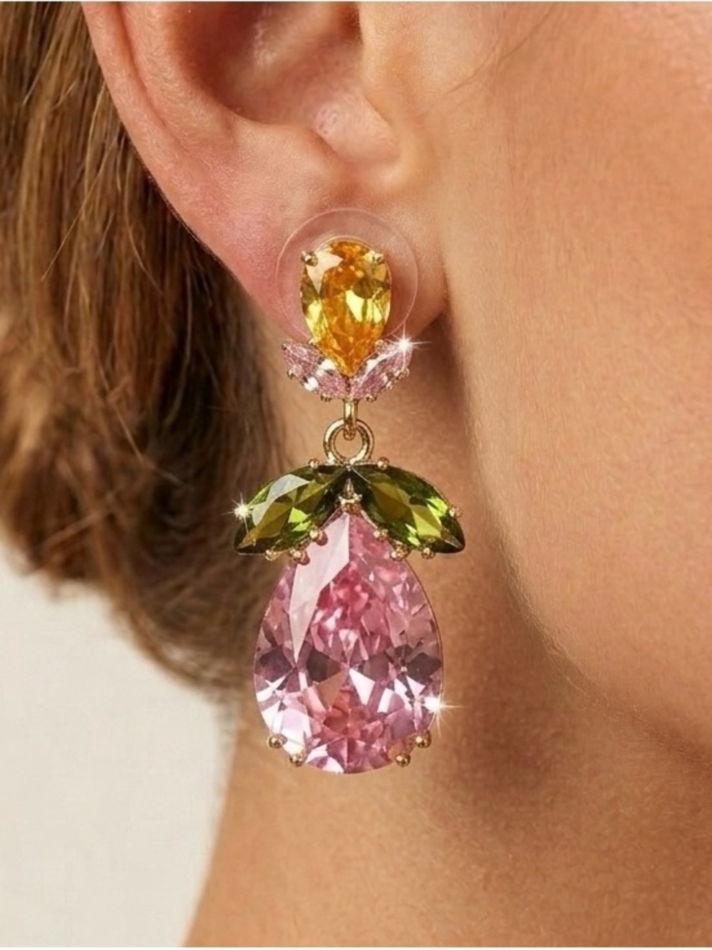 Gold-Tone Pink, Yellow & Green Crystal Drop Earrings